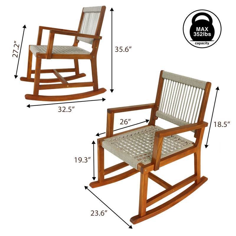JONATHAN Y Laguna Coastal Casual 352-LBS Support Acacia Wood and Woven Rope Outdoor Rocking Chair