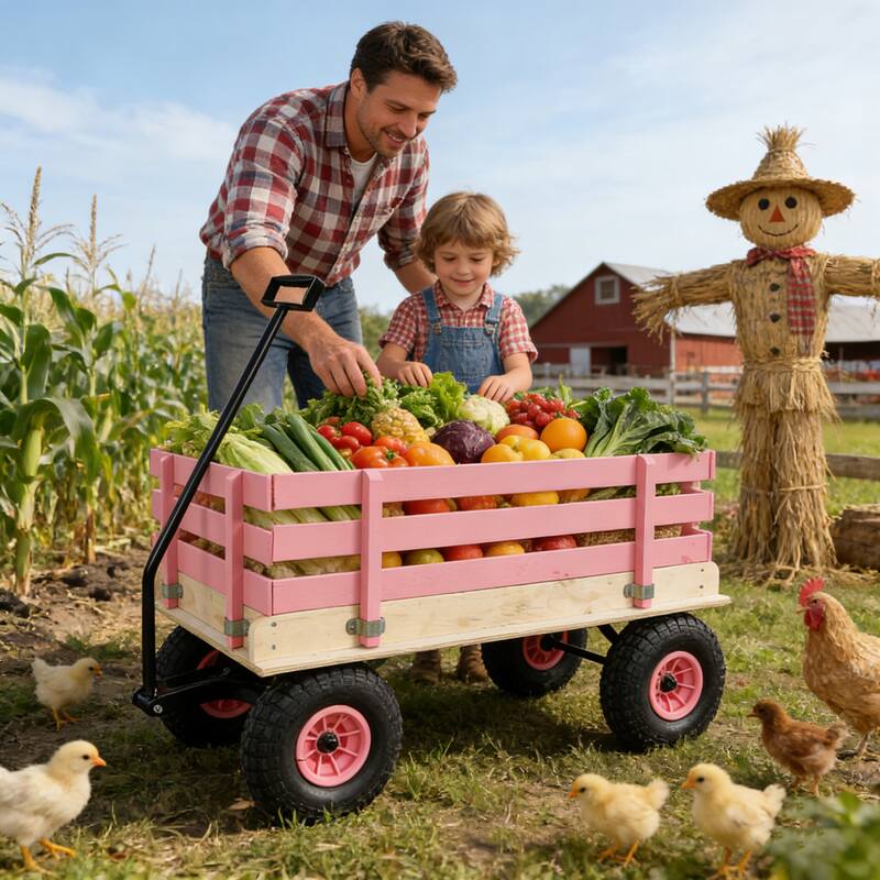 Wooden Garden Wagon for Kids & Adults - Durable Pink Utility Cart for Yard Work & Toy Storage