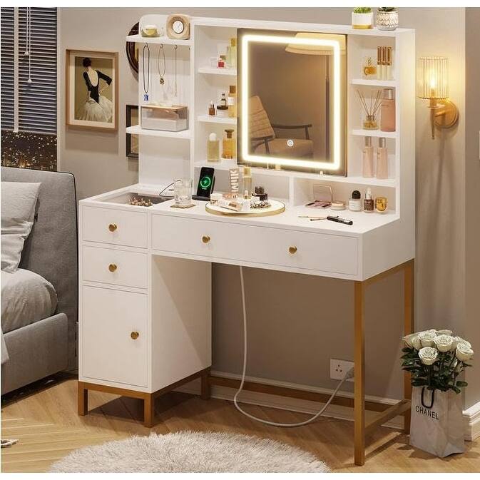 Makeup Vanity Desk with LED Lighting, Large Mirror, 3 Drawers, Cabinet & Open Shelves