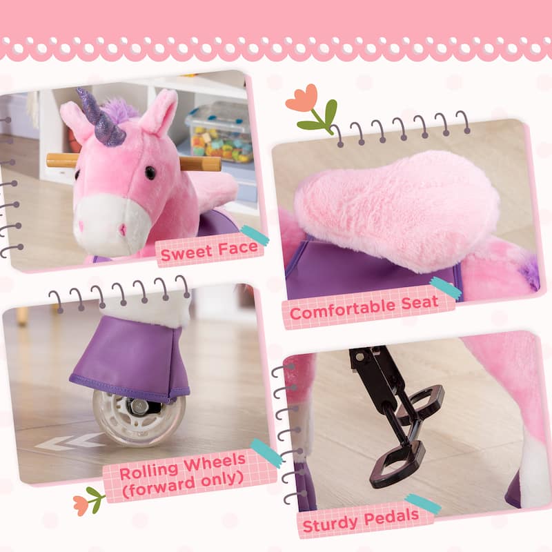 Qaba Ride On Real Walking Unicorn with Sparkly Horn, Soft Plush Ride On Rocking Horse Bearing 176lbs