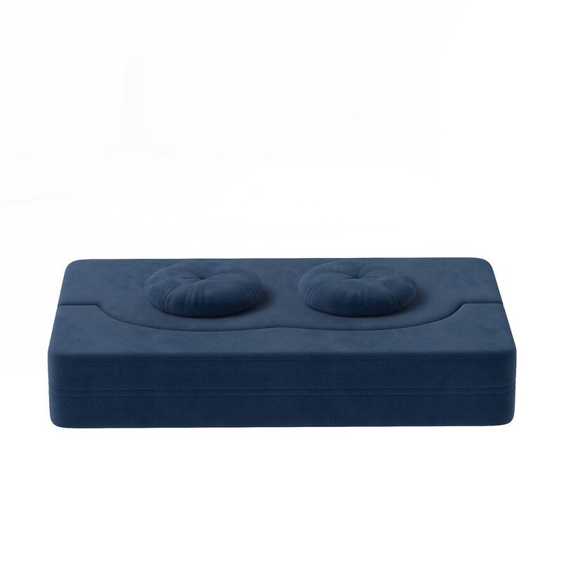 Modern Floor Sofa with 2 Pillows,Convertible Plush Corduroy Foam-Filled Sleeper Sofa Bed - Blue