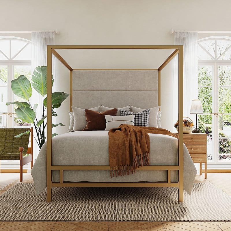 Metal Canopy Bed with Upholstered Wingback Headboard, Modern Platform 4-poster Bed Frame, Box Spring Needed
