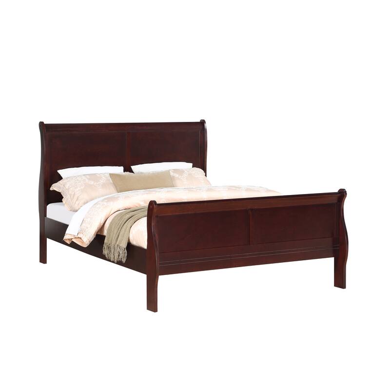 Brown Cherry Finish Queen Size Panel Sleigh Bed Solid Wood Furniture
