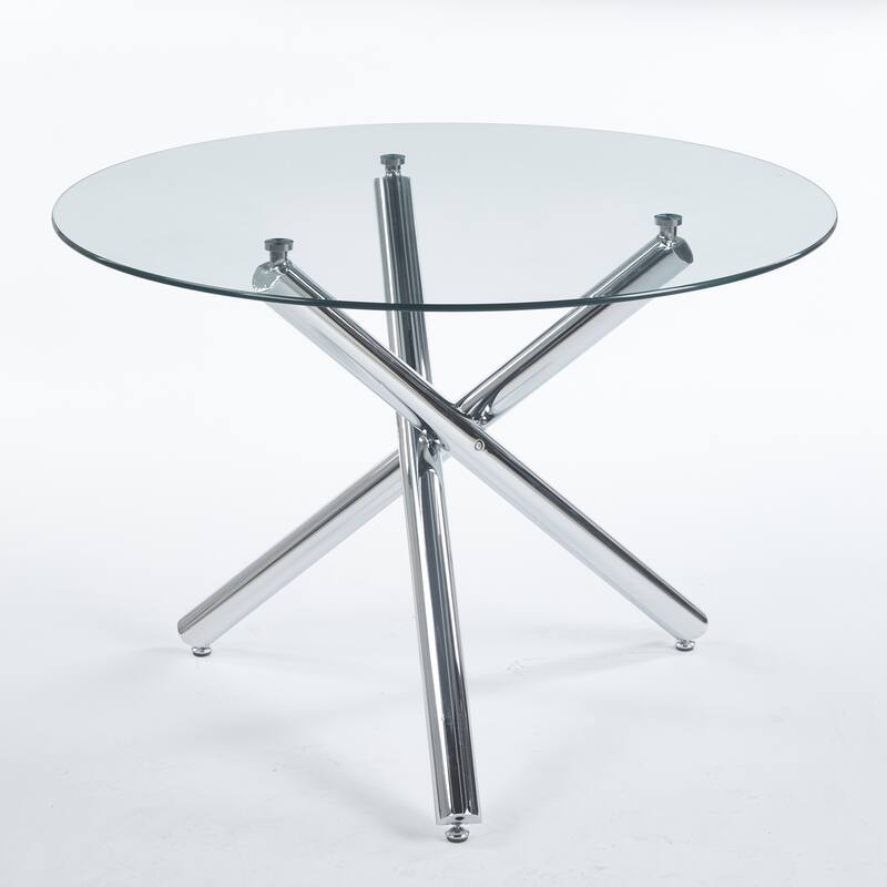 Round Glass Dining Table for 4 Person, Small Kitchen Table with Glass Tabletop & Metal Legs, Modern Leisure Coffee Table