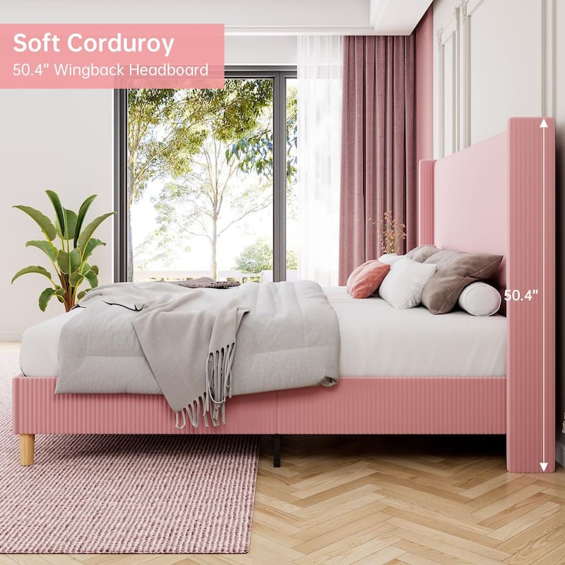 Upholstered Corduroy Bed Frame, Bed Frame with Wingback Headboard