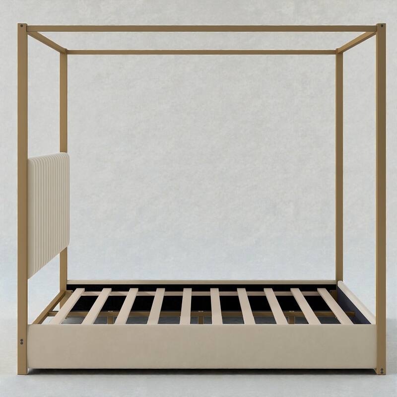 Upholstered Canopy Platform Bed with Headboard, Metal Frame Queen King Bed, No Box Spring Needed