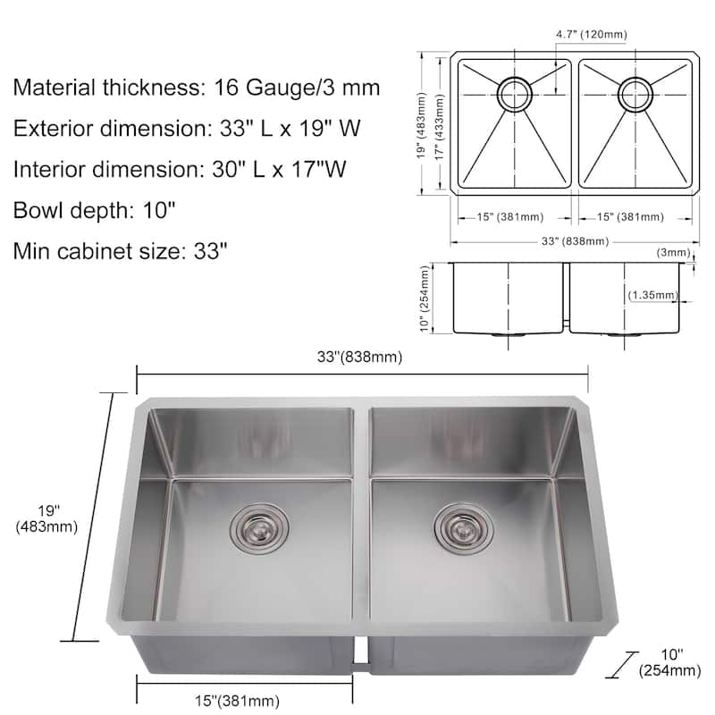 WOWOW 33" Drop-In Dual Bowl 16-Gauge Kitchen Sink