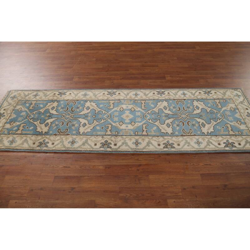 Light Blue Transitional Oushak Indian Runner Rug Handmade Wool Carpet - 2'5"x 7'9"