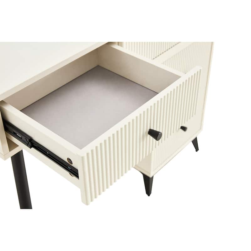 Fluted Makeup Vanity Desk with Round LED Mirror and Lights