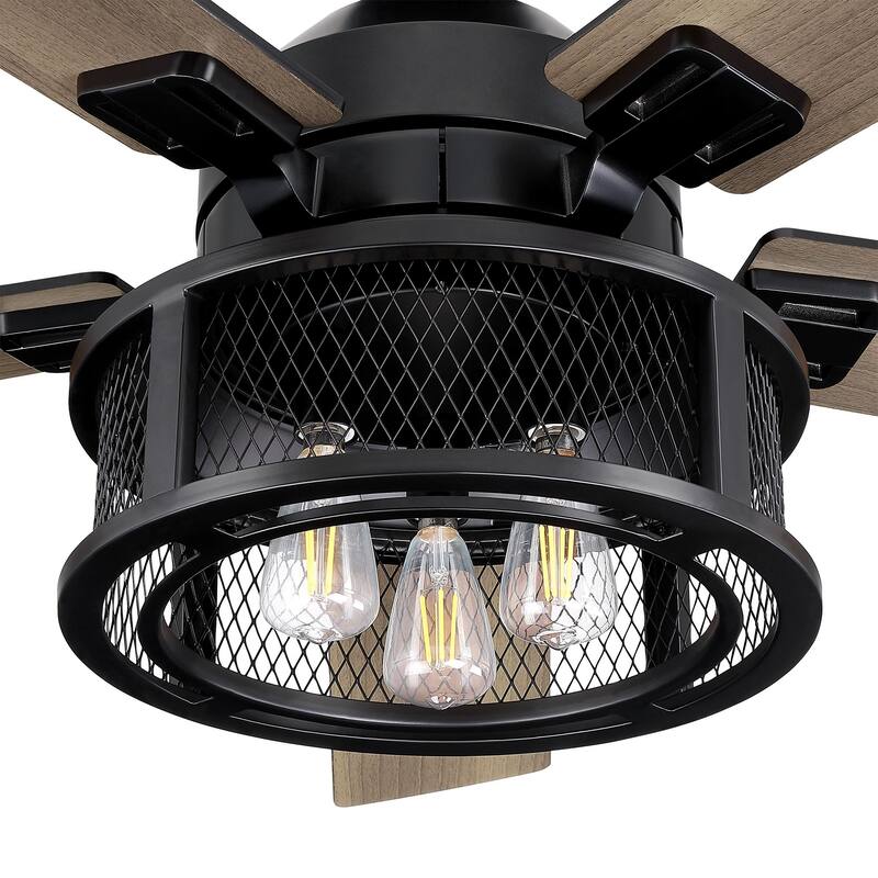 52" Industrial Reversible Wood 5-Blade Black Ceiling Fan with Light and Remote