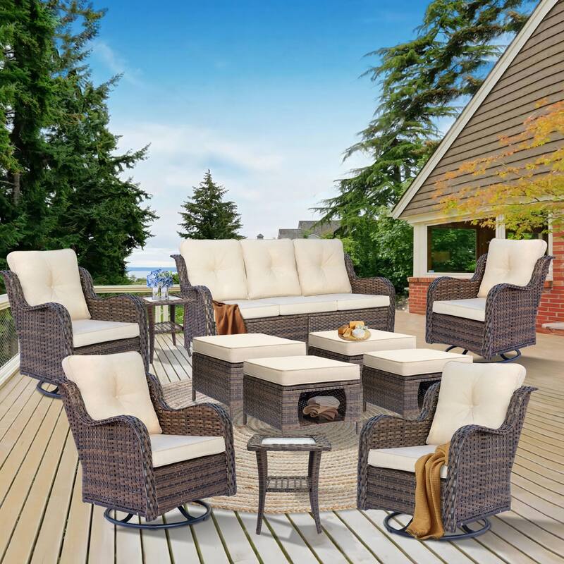 11 Piece Outdoor Wicker Patio Furniture Sofa Set with Swivel Chairs - Cream/Brown Wicker