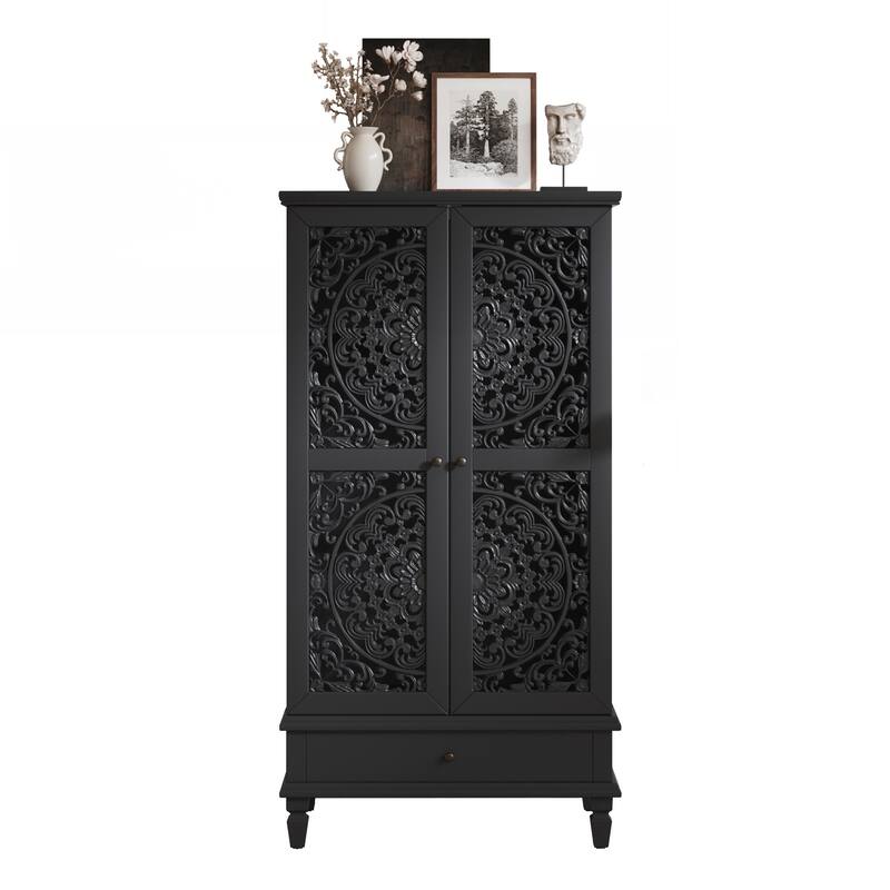 Tall Storage Cabinet with Drawer, Decorative 2-Door Carved Wood Accent Cabinet