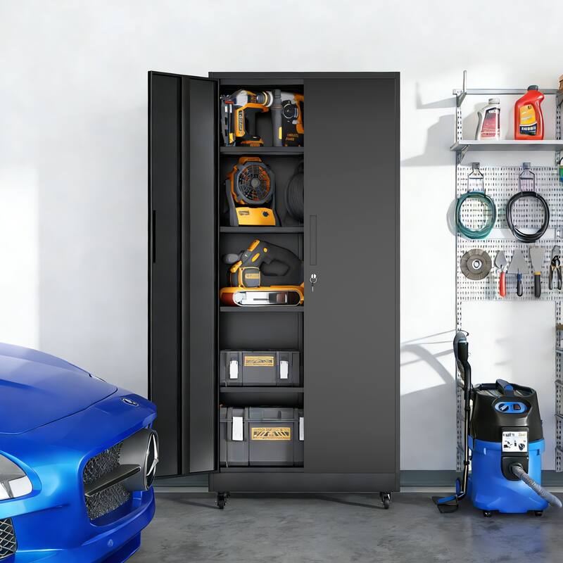 71"H Metal Garage Storage Cabinet with Wheels and Lock, 4 Adjustable Shelves (180lb Each), 3-Point Locking Security