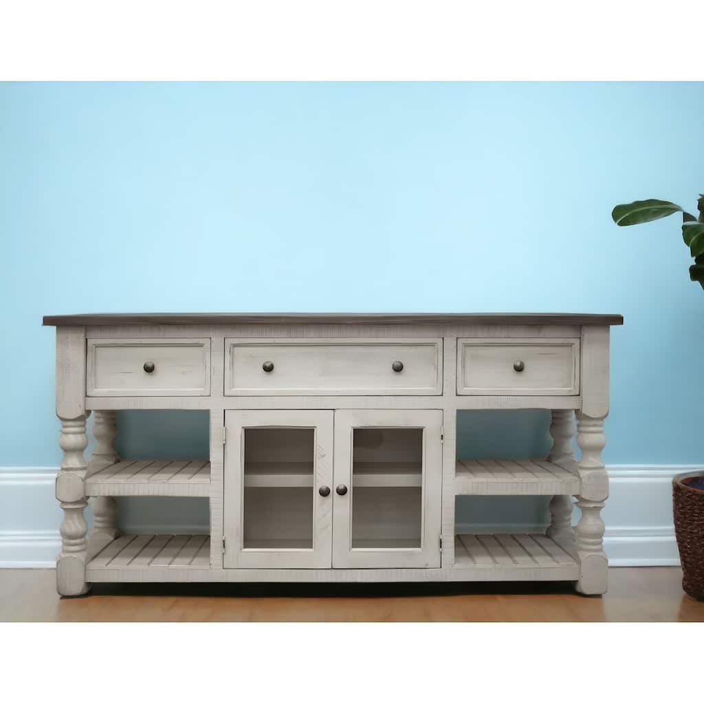 HomeRoots 81" Ivory Solid Wood Open shelving Distressed TV Stand - 80.75' X '34.75' X '19