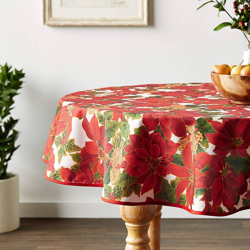 Violet Linen European Seasonal Botanical Christmas Decorative Printed Pattern Tablecloth - 60" Round