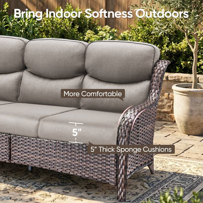 Pocassy Outdoor 3 Seat Sofa with 5 In Thick Cushion Patio Wicker Sofa