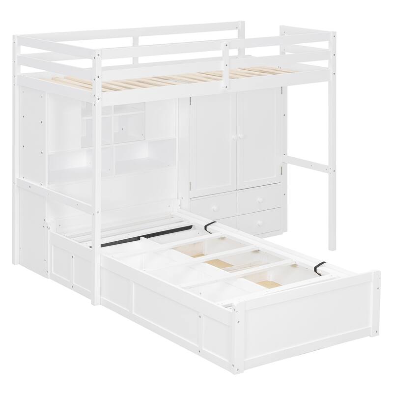 L-shaped Bunk Bed Twin Over Twin with Side Wardrobe and Under Drawers, Down Hydraulic Bed with Storage Shelves for Bedroom