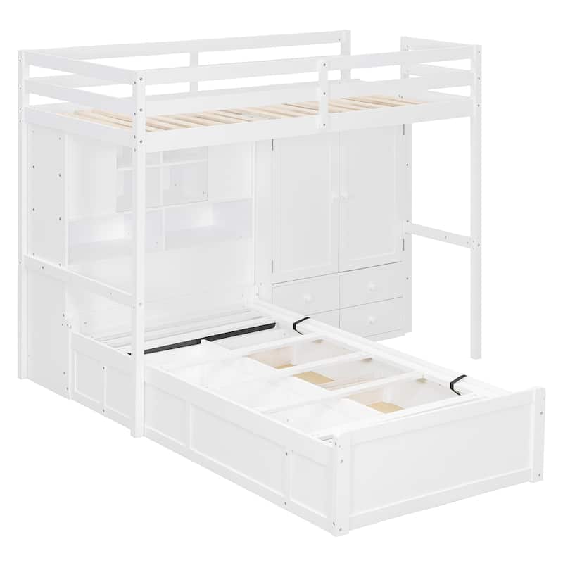 Twin Size Bunk Bed with Wardrobe Drawers and Hydraulic Storage Lift