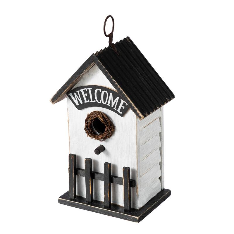 Glitzhome 11"H Washed White Solid Wood Fence Outdoor Garden Birdhouse