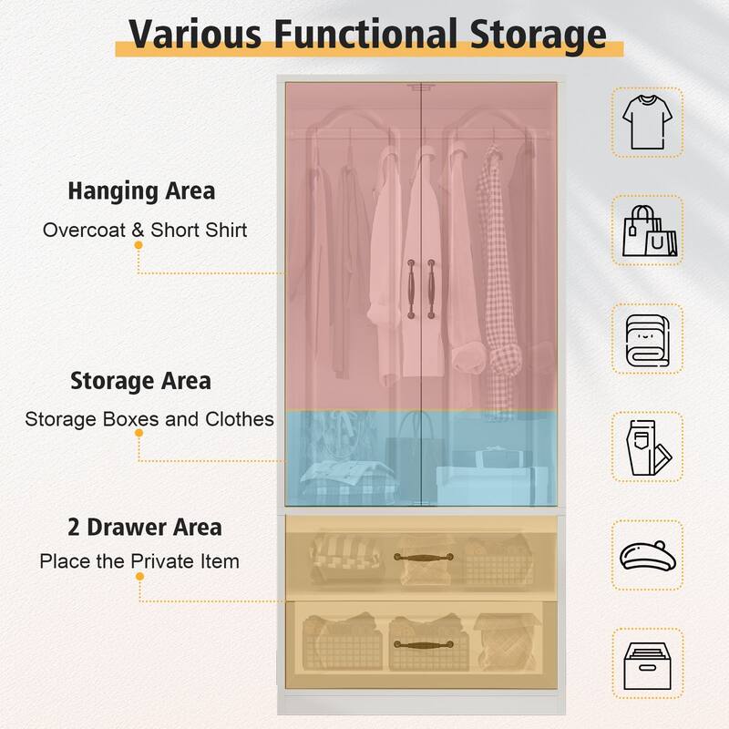 69" Wooden Armoire Wardrobe Closet with Drawers, Modern Bedroom Storage Cabinet with Hanging Rod