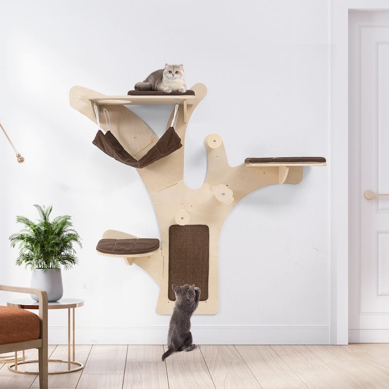 4-Tier Wall Cat Furniture with Scratching Posts Cushioned Perches and Hammock Lounger