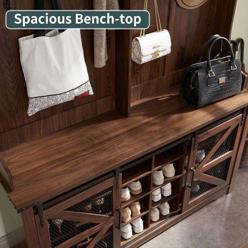 42" Wide Farmhouse Entryway Bench with Coat Rack, Mudroom Cabinet