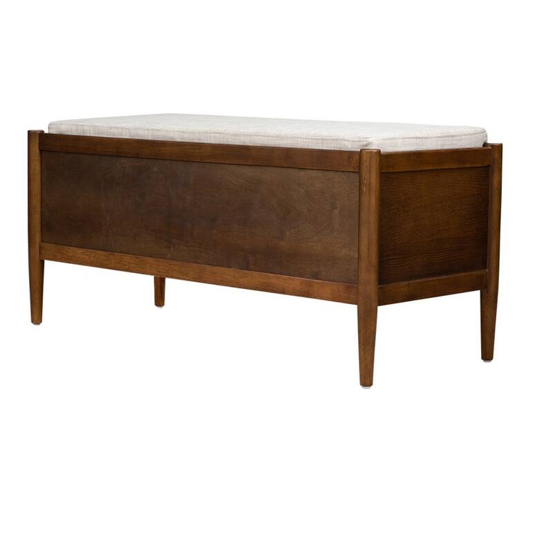 Roomfitters 42-Inch Mid-Century Storage Bench, Medium Walnut Veneer with Upholstered Cushion and Silver Handle