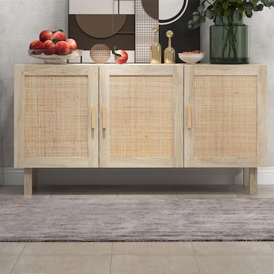 Wood Buffet Cabinet with 3 Rattan Doors and Adjustable Shelves