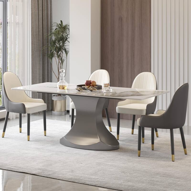 Rectangular Dining Table, Faux Marble Kitchen Dining Table with Grey Pedestal.