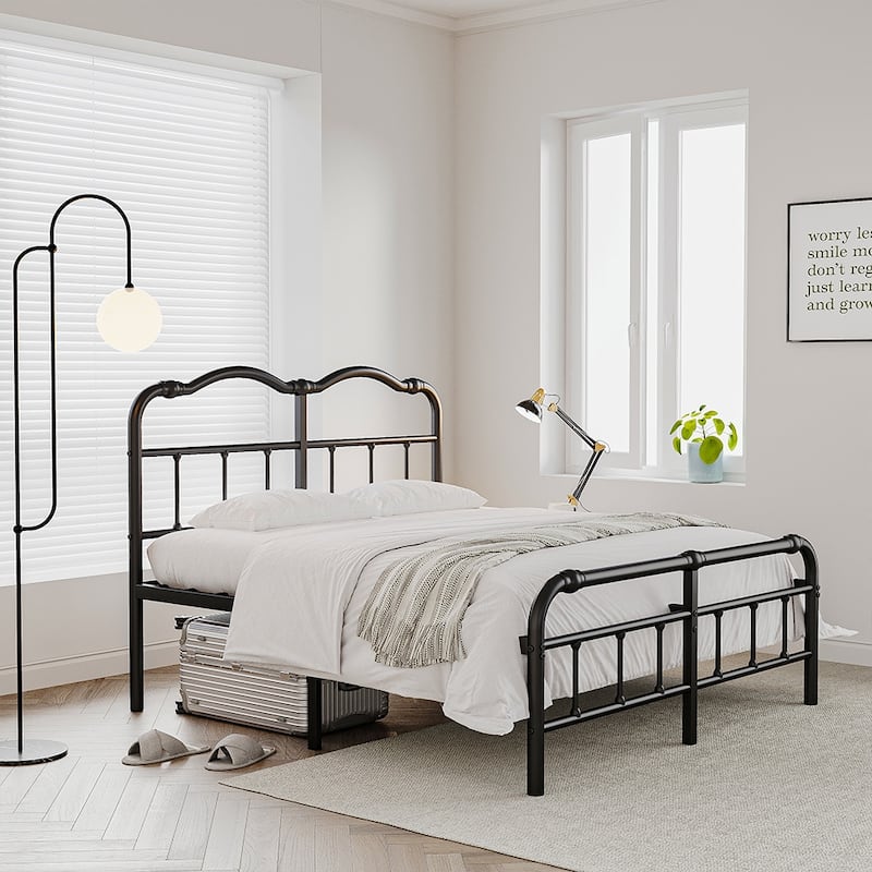 Heavy-Duty Anti-Wobble 14 Inch Bed Frame With Wavy Art Headboard, No Needed Box Spring