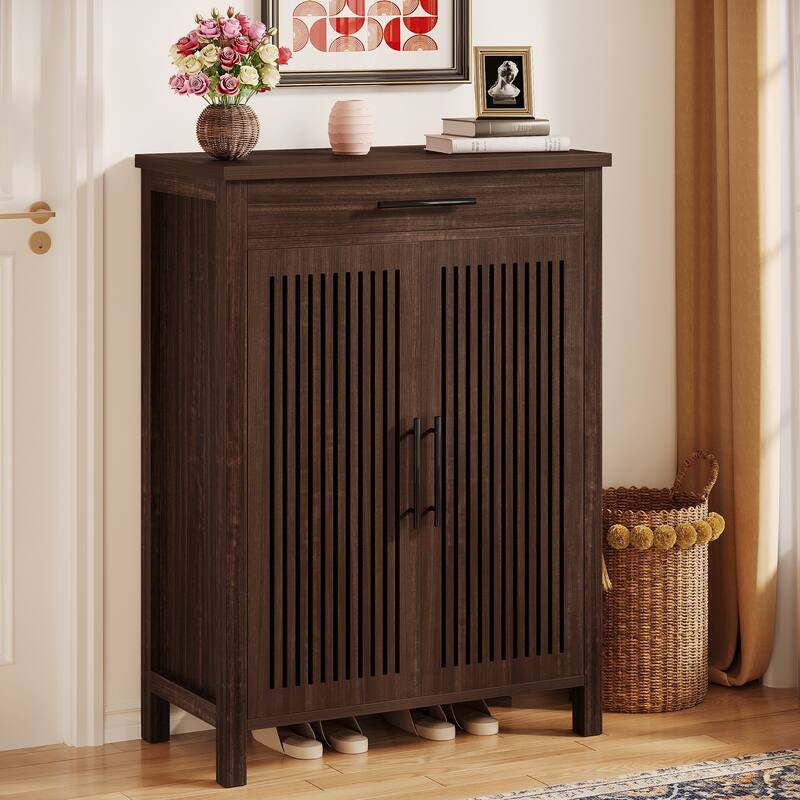 Shoe Cabinet with Louvered Doors & Drawer, Freestanding Wooden Shoe Rack for Entryway - Black Walnut
