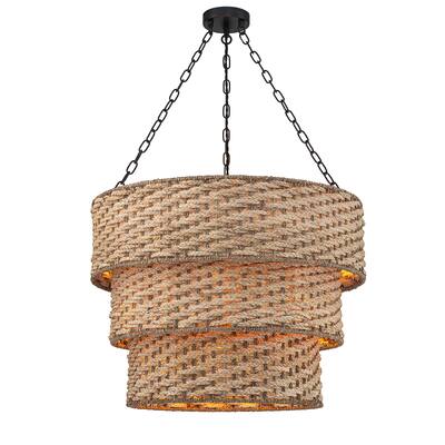 Tierra 5-Light Matte Black 3-Tiered Hand Woven Natural Rattan Chandelier Modern Ceiling Light - 26 Wide