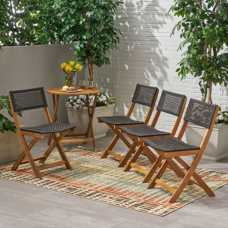 Hillside Outdoor Acacia Wood Foldable Bistro Chairs with Wicker Seating (Set of 4) by Christopher Knight Home - Teak Finish, Brown Wicker