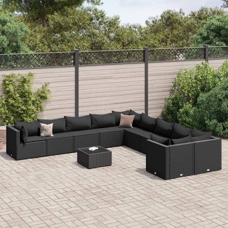 vidaXL Patio Sofa Set with Cushions Lounge Setting Outdoor Furniture Poly Rattan - 9.8 x 9.8 x 8.9 - Black Large