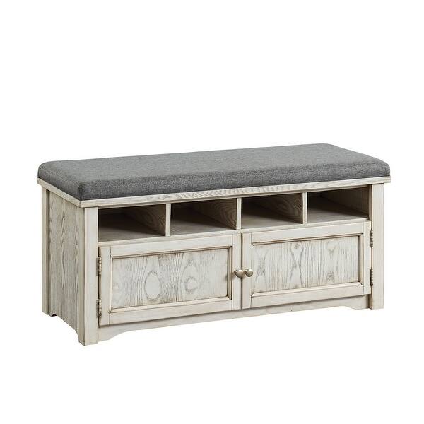 slide 2 of 5, White Wood Storage Shoe Bench with Grey Linen Cushion