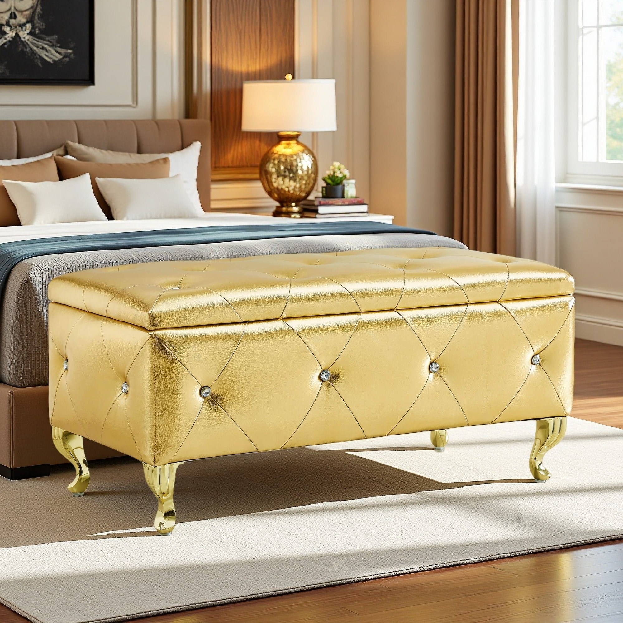 38.5"L Upholstered Storage Ottoman Bench, Faux Leather with Crystal Buttons, Rectangular Footrest for Bedroom, Metal Legs
