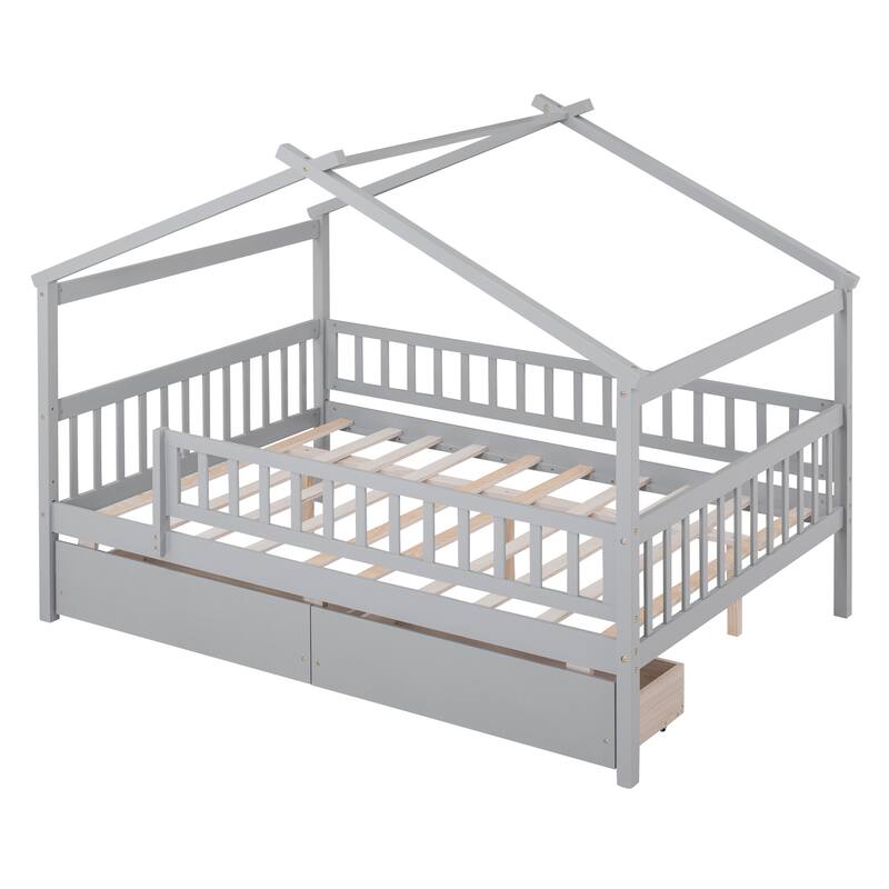 Full Size Wooden House Bed with Two Drawers and Roof Design for Kids