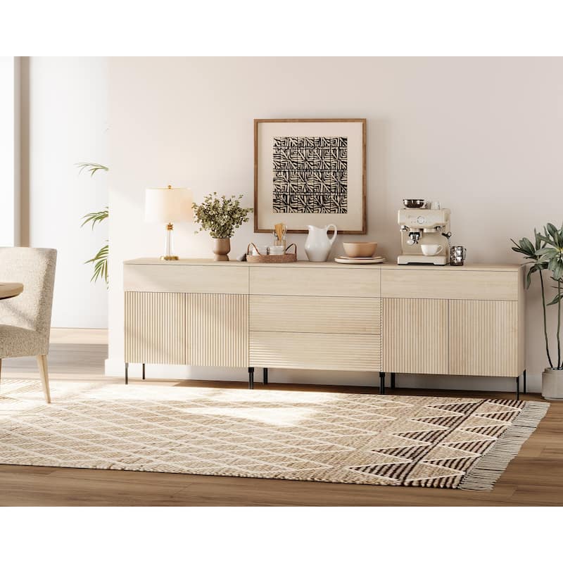 94.5" Modern Reeded Minimalist Sideboard With Doors And Drawers, 3-In-1 Wooden Credenza