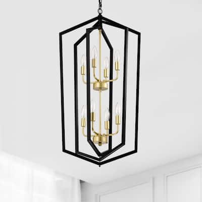 8-Light Black and Gold Lantern Chandelier, Adjustable Ceiling Pendant Light for Dining Room, Kitchen, Living Room, Entryway