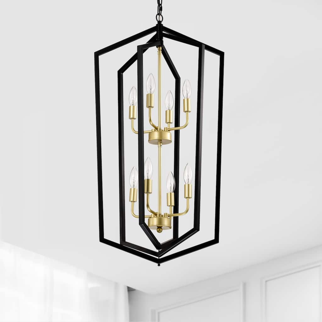 8-Light Black and Gold Lantern Chandelier, Adjustable Ceiling Pendant Light for Dining Room, Kitchen, Living Room, Entryway