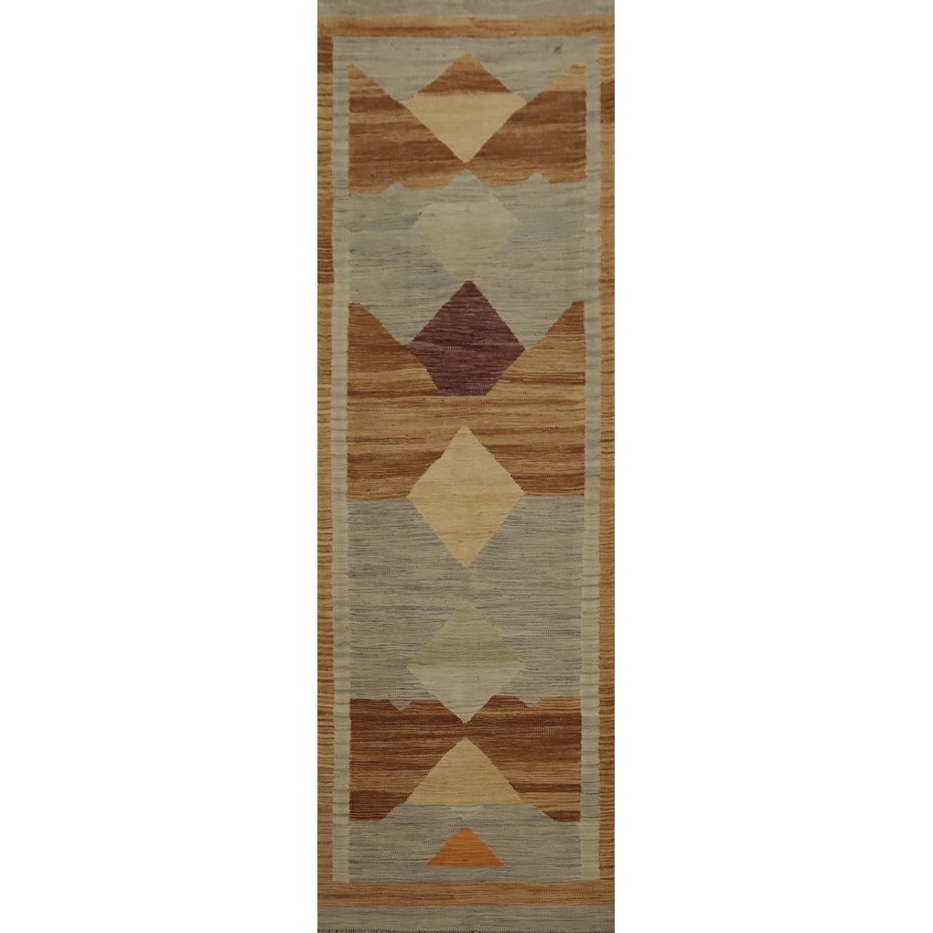 Hand Woven Oriental 100% Wool Carpet Southwestern Modern Multi-Colored Kilim Runner Rug - 9' 8'' X 2' 7''