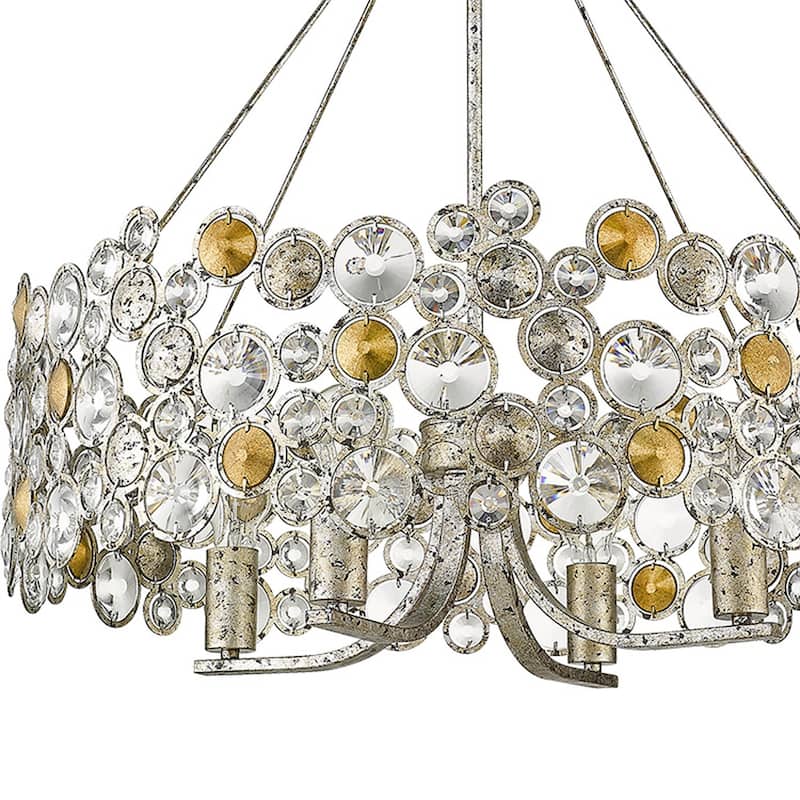 HomeRoots Silver Shaded Four Light Metal and Crystals Dimmable Chandelier With Silver Shades - 27.25' X '28.5' X '27.25