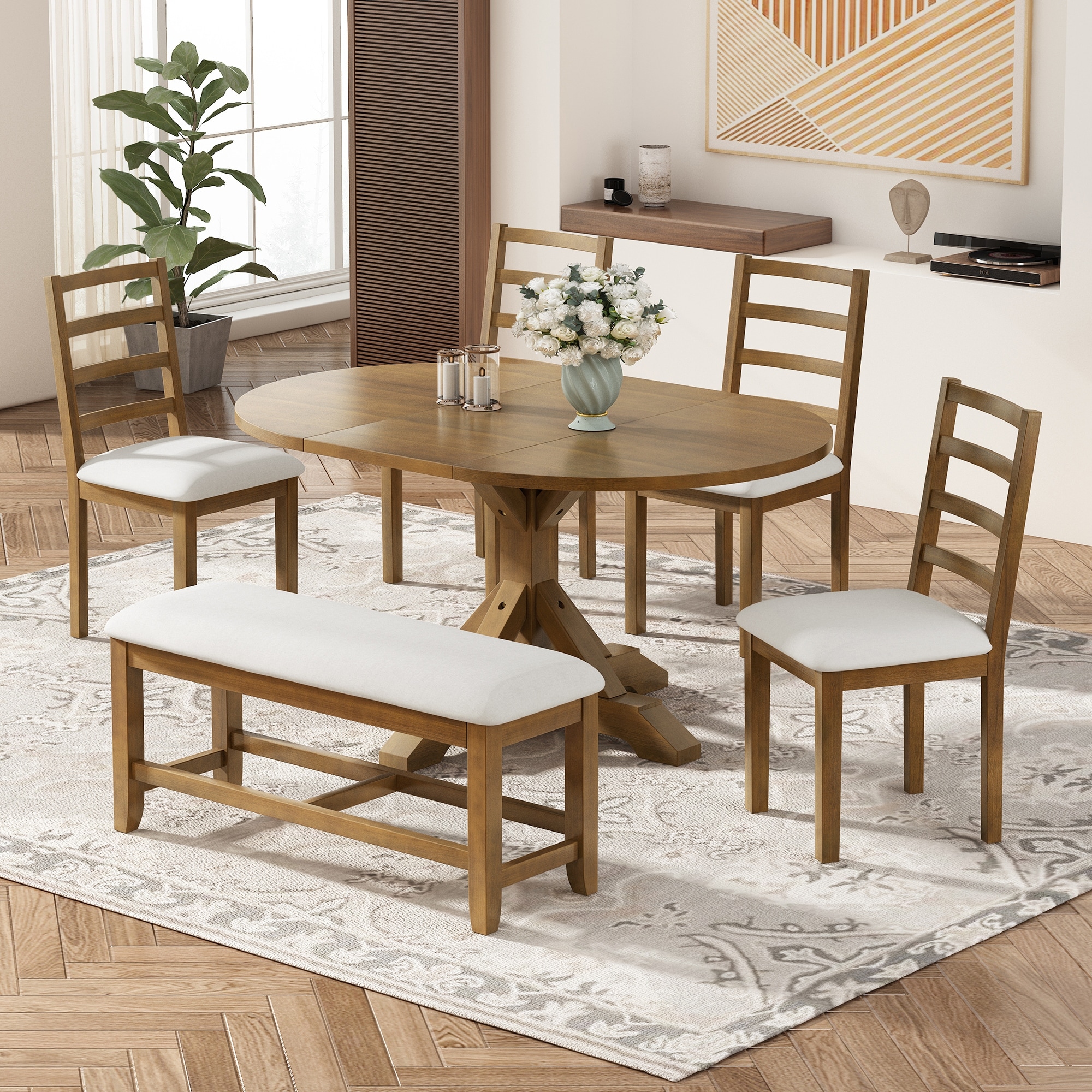 Farmhouse 6-Piece Extendable Dining Table Set with Removable Leaf and Versatile Dining Bench