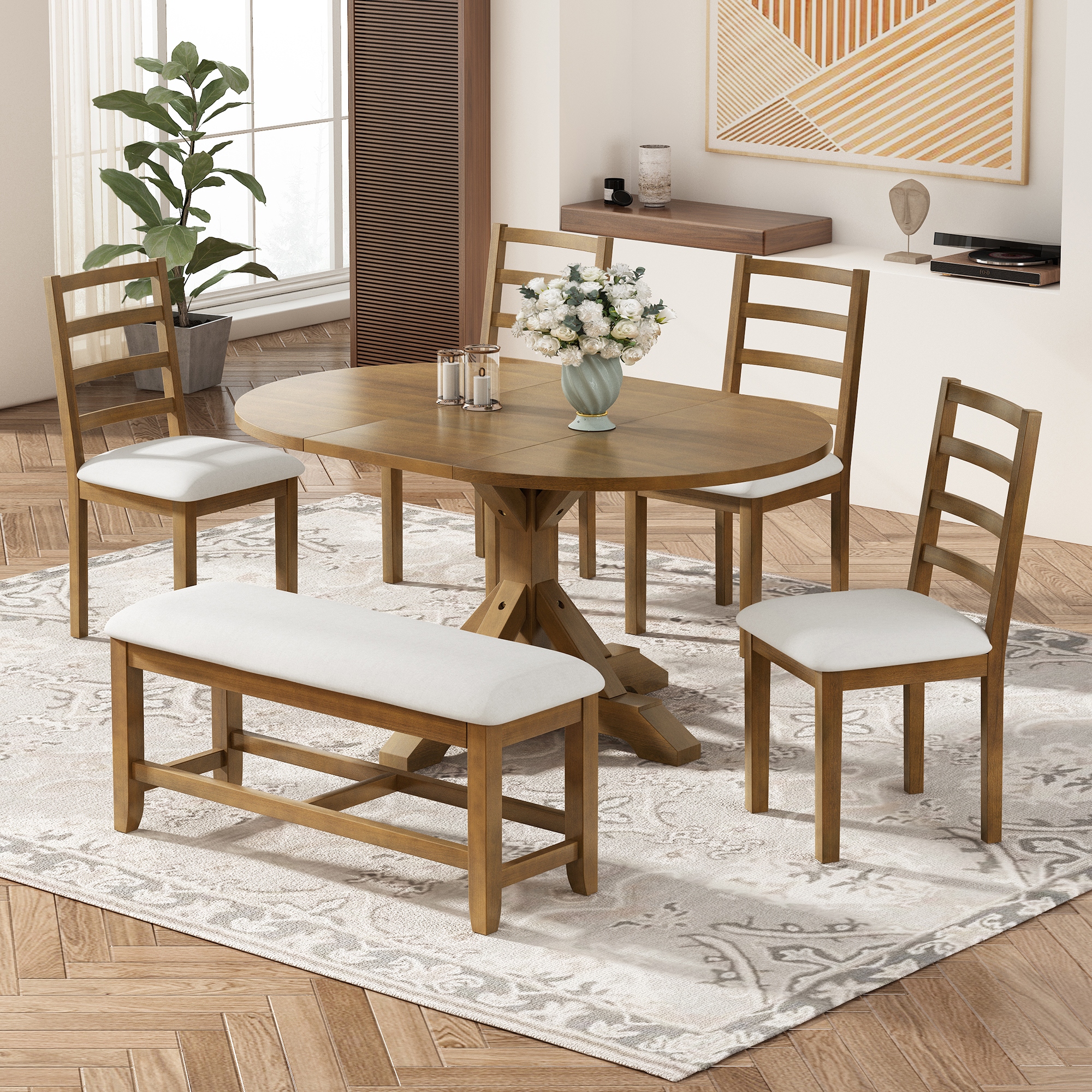 Oval Pedestal Dining Table Set 6 Piece with 18 Leaf Bench Chairs