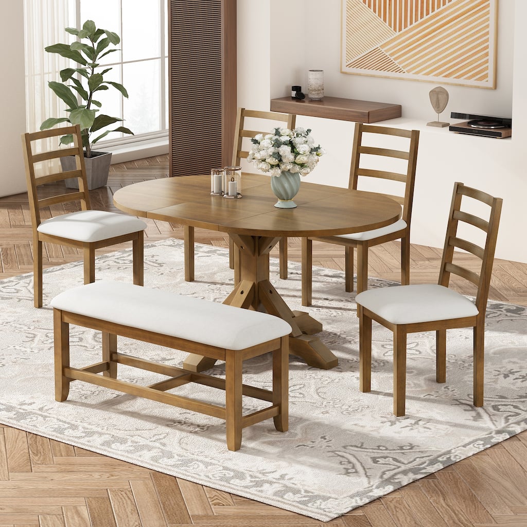 Roomfitters 6-Piece Dining Table Set, Oval Wood Kitchen Table, X-Base Pedestal, 4 Upholstered Chairs & Bench