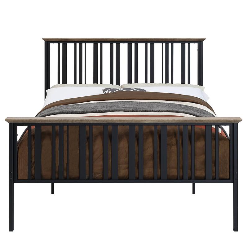 Antique Oak & Black Finish Full Bed with Slatted Headboard & Footboard