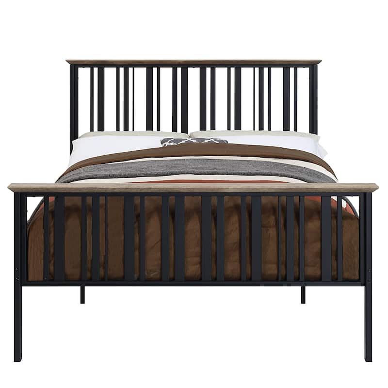 Full Size Metal Platform Bed with Slatted Headboard and 330lbs Capacity