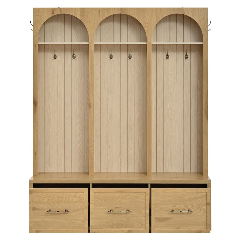 Wooden Style Hall Tree with Arched Design, Entryway Bench with Retro Hooks, Rustic Coat Rack & Shoe Organizer with Drawers
