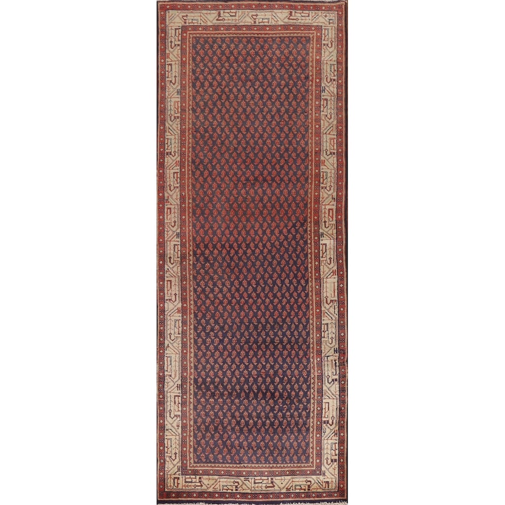 Hand Knotted Oriental 100% Wool Carpet Traditional All-Over Navy Blue & Blues Botemir Runner Rug - 10' 1'' X 3' 4''