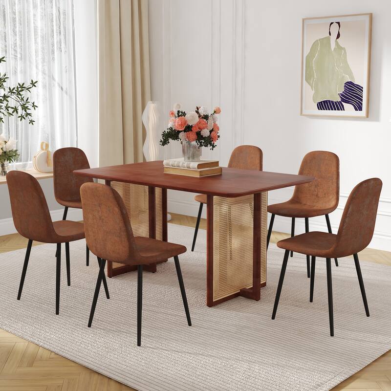Solid Wood Dining Table Set for 6, 59" Tables with Imitation Rattan Legs And 6 Chairs, 7-Piece Modern Dining Table & Chair Set